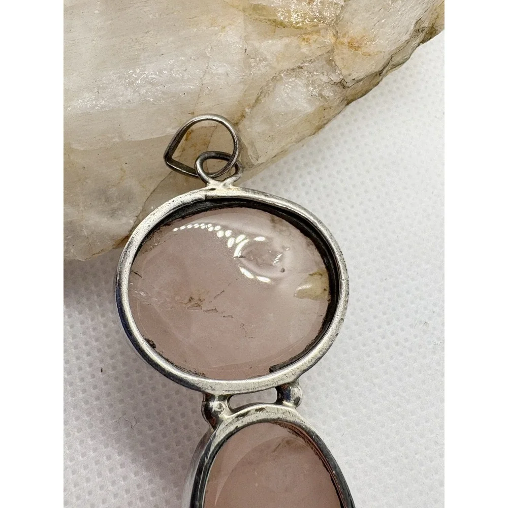 Sterling Silver Rose Quartz‎ Double Cabochon Pendant 20g Oval & Round Bezel 925